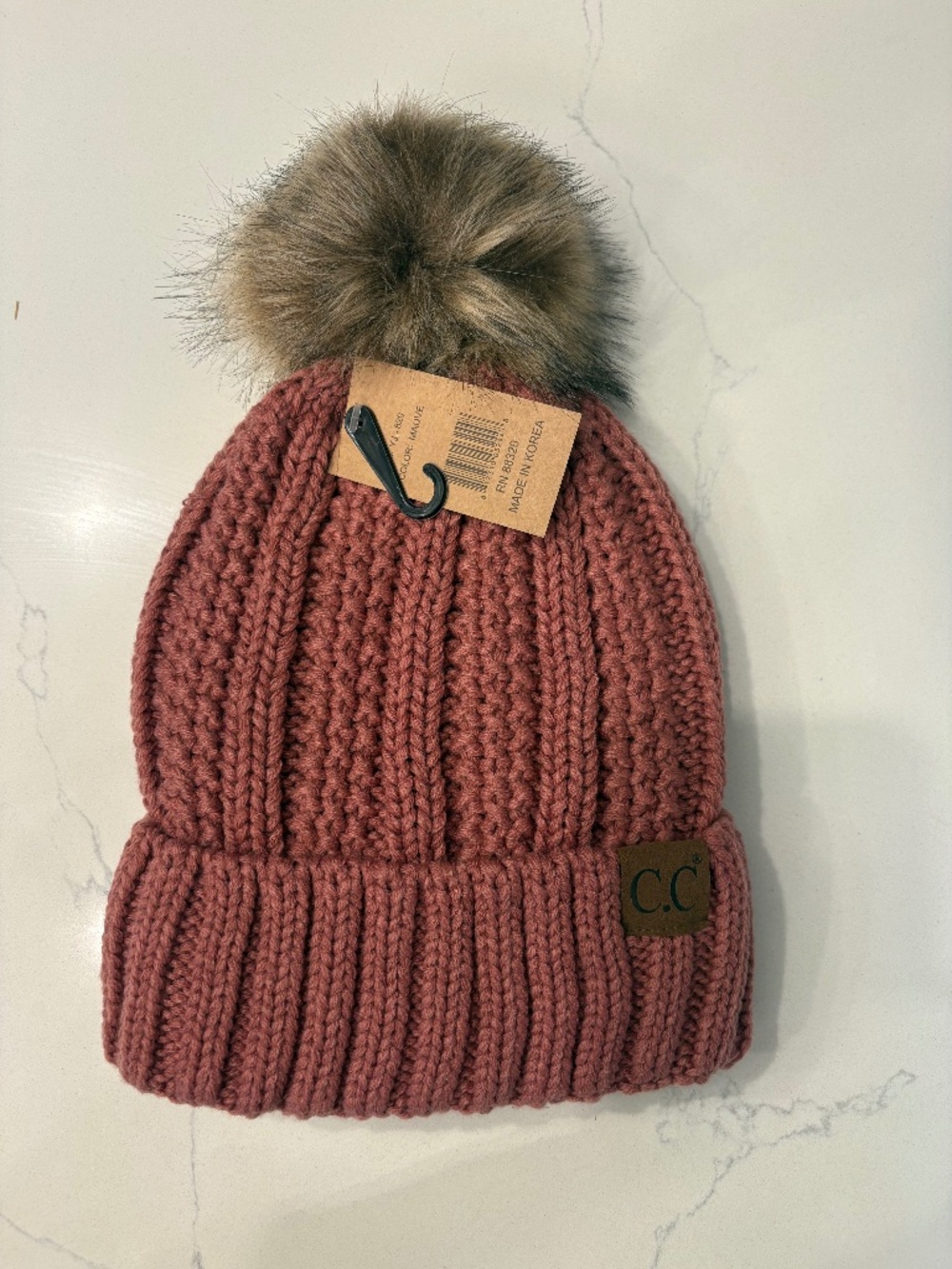 CC Mauve Fuzzy Lined Beanie With Faux Fur Pom